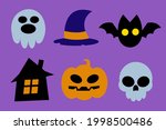 a set of icons for Halloween. six cartoon characters on a purple background. ghost, pumpkin, bat, hat, skull, hut. simple contoured silhouettes. vector illustration.