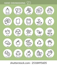Set icons for hand dishwashing. The outline icons are well scalable and editable. Contrasting vector elements are good for different backgrounds. EPS10.