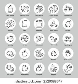 Set icons for hand dishwashing. The outline icons are well scalable and editable. Contrasting vector elements are good for different backgrounds. EPS10.