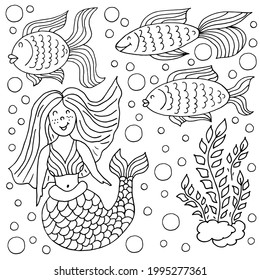 Set of icons in hand draw style. Collection of drawings on the marine theme. Mermaid, fish, seaweed