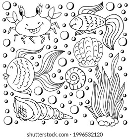 Set of icons in hand draw style. Collection of drawings on the marine theme. Fish, crab, shell, seaweed