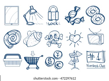 Set of icons in the hand drawing style. Outline drawing for coloring.