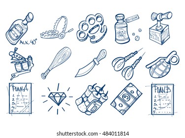 Set of icons in the hand drawing style. Outline drawing for coloring.