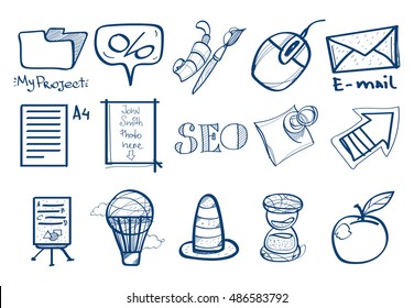 Set of icons in the hand drawing style. Outline drawing for coloring.