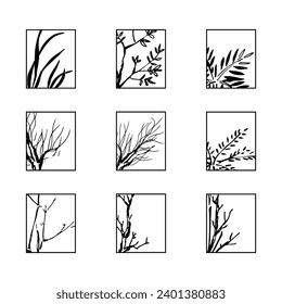 Set of icons with hand drawn herbs and trees. Vector templates for your design.