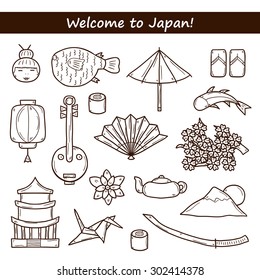 Set of icons in hand drawn outline style on Japan theme: geisha, sword, sushi, sakura, lantern, origami. Travel Japanese concept for your design