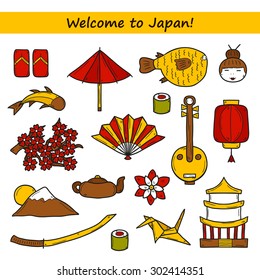 Set of icons in hand drawn style on Japan theme: geisha, sword, sushi, sakura, lantern, origami. Travel Japanese concept for your design