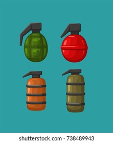 A set of icons of hand grenades and bombs. Grenades of different types and shapes