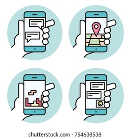 Set icons of hand holding smartphone linear icon vector illustration. Smartphone gps, game, chat, app symbol. 
