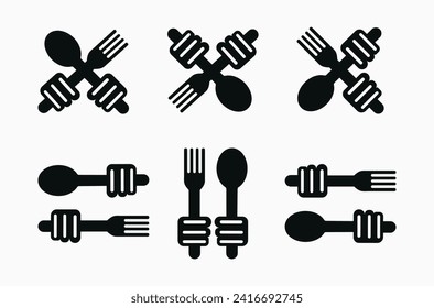 Set of Icons of Hand holding Spoon and Fork Cutlery with Silhouettes vector Illustrations