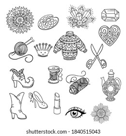 A set of icons with hand made and crafted theme. Hand drawn outline vector illustrations
