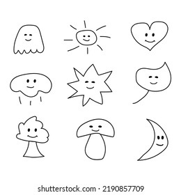 set of icons in hand poke style. A tree, a heart, a ghost, a moon, a star, a cloud, a leaf, a mushroom, the sun enter. children's drawing