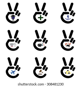 A set of icons, a hand silhouette in the form of a victory and symbols for work