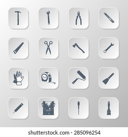 Set icons hand tools flat style: screwdriver, wrench, pliers, trowel,spanner,  stationery knife, putty knife, scissors, gloves, paint roller, paint brush, saw, axe, tape measure, hammer, pencil
