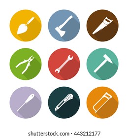 Set icons hand tools flat style: hammer, screwdriver, wrench, pliers, trowel, spanner, stationery knife, saw, axe - vector illustration