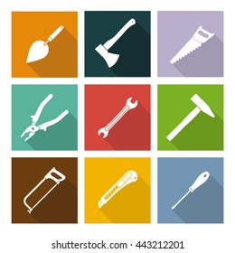 Set icons hand tools flat style: hammer, screwdriver, wrench, pliers, trowel, spanner, stationery knife, saw, axe - vector illustration