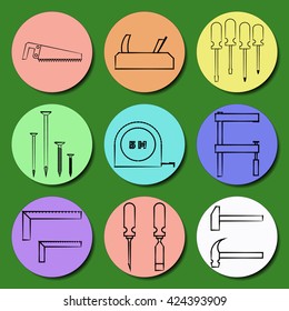 Set icons  hand tools. Line color icons. Vector illustration on a green background.