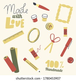 Set of Icons for Handmade Hobby. Scissors, Thread and Fabric Rolls, Ruler, Pencil with Pen and Buttons, Picture Frame, Paintbrush. Wrapping Paper Print, Ornament Design. Linear Vector Illustration