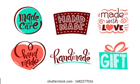 Set of Icons with Handmade Lettering, Made with Love Drawing Elements, Wrapped Gift Box Symbol, Clothe Patch with Strokes. Craft Production Decorative Badges, Quotes or Tags. Cartoon Vector Clip Art