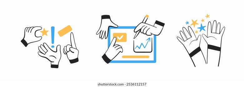 Set of icons with hands about management, setting a task, finding a solution, success.
