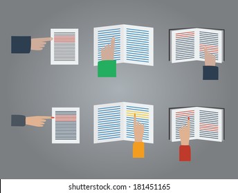 The set of icons with hands and book. Popular flat design for web and mobile devices.