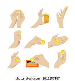 Set of Icons Hands with Coins Gesturing, Scratching Lottery Ticket, Holding Pile and Single Coins Isolated on White Background. People and Money, Bank, Savings, Investment. Cartoon Vector Illustration