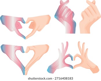 set of icons of hands folded in a gesture of love where one hand is in the colors of transgender pride, as a symbol of love, equality and self-expression