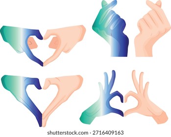 Conjunto de iconos de manos dobladas en un gesto de amor donde una mano está en los colores del orgullo gay, como símbolo de amor, igualdad y autoexpresión