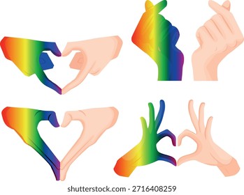 conjunto de ícones de mãos formando um gesto de amor onde uma mão é em cores LGBT como um símbolo de amor, igualdade e autoexpressão