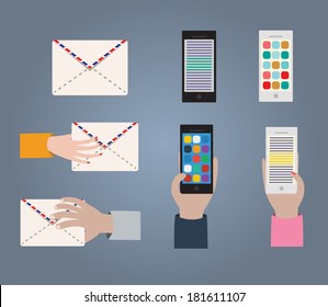 The set of icons with hands, letter and mobile phone. Popular flat design for web and mobile devices. 
