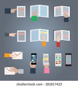 The set of icons with hands, letter and mobile phone. Popular flat design for web and mobile devices. 