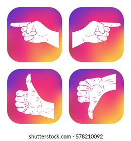 Set of icons with hands. New design for applications, web, social networks. Thumbs up. Like. Dislike. Good. Ok. Pointing finger icon. Navigation, direction, follow sign