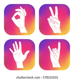 Set of icons with hands. New design for applications, web, social networks. Gesture ok sign. Victory. Palm. Rock. 