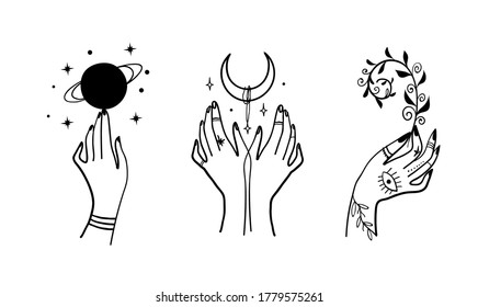 Set of icons with hands, planet, crescent and plant. Magical emblem and tattoo for a witch in boho design. Linear drawing. Stock vector doodle illustration