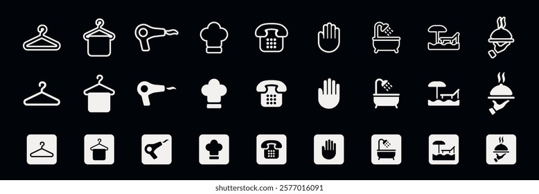 Set of icons: hanger, hairdryer, chef hat, hand, bathtub, phone, food. Repeated icons: hanger, hairdryer, chef hat, hand, bathtub, phone, food. Black background. User interface icon vector set.