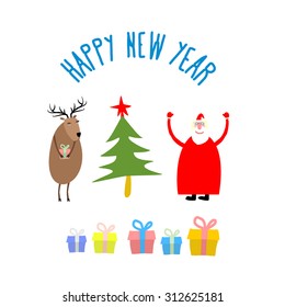 Set  icons for happy Christmas and new year. Fir-tree and Santa Claus. Reindeer and gifts. Vector illustration