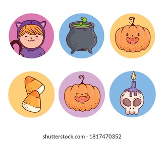 set icons of happy halloween on round frame vector illustration design