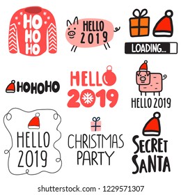 Set of icons for happy new year 2019 and christmas themes. Vector lettering hand drawn illustration for greeting card, stickers, t shirt, posters design.