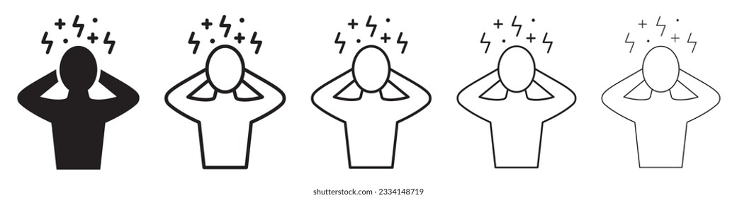 Set of icons: headache, anxiety, stress, fatigue, burnout, anger, nervous tension, sleeping work, aggression. Fatigue or exhausted, burnout on workplace. Tired or disease person. Vector.