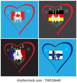 Set of icons of the heart with flags of Canada, France, Germany, Finland, family, Christmas tree, snowflakes. Print for the designer. The avatar element for the player. A business card for a Christmas