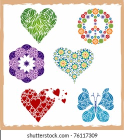 Set of Icons Heart, Flower, Peace and Symbol, Butterfly Silhouette, Grungy frame