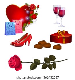 Set of icons with heart, wine, and chocolates for design on the theme of romantic Valentine's Day.