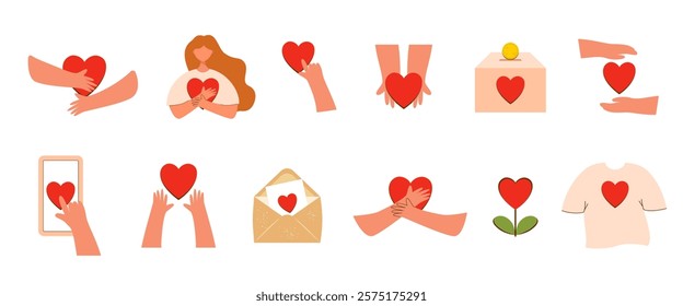 Set of icons with hearts. Concept of self-love, charity, donations. Vector on a white background, all objects are isolated