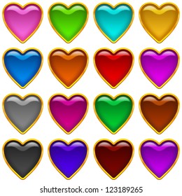Set of icons hearts, glass buttons of different colors for web design. Vector eps10, contains transparencies