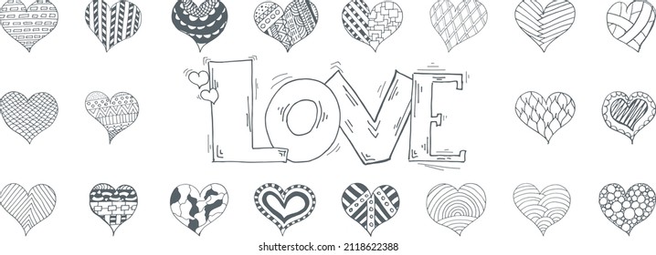 Set of icons of hearts for the holiday of Valentines Day. Doodle elements.