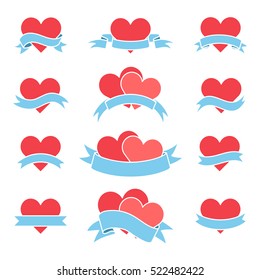 Set of icons hearts with ribbons. Vector illustration to Valentine's Day.