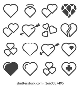 Set of icons with hearts. Various linear versions. Isolated vector on a white background.