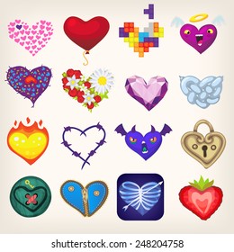 Set of icons with heart-shaped objects and valentine characters.