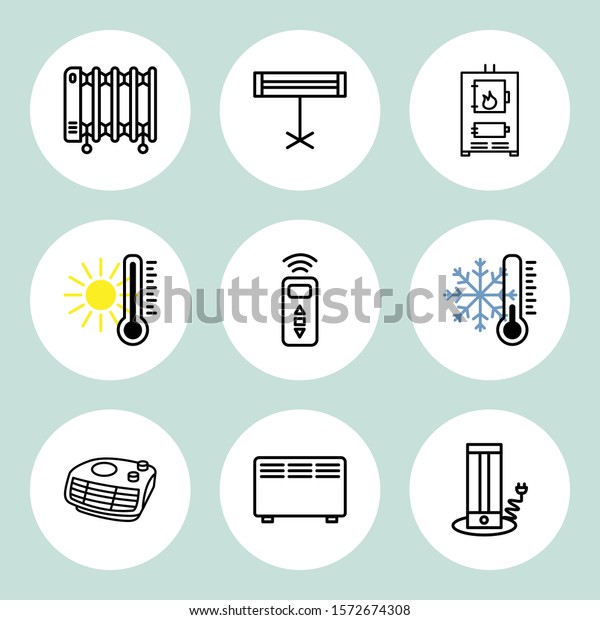  Set\
icons of heaters, household appliances on a white background.\
Radiator, heater, heat system line icon. Heating  silhouette icons\
for web and mobile, modern minimalist flat\
design