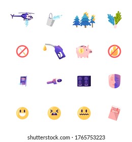 Set of Icons Helicopter, Bucket with Water and Burning Trees in Forest, Smoking Prohibition Sign, Fueling Hose and Piggy Bank, Smartphone with Music App, Microphone, Mask. Cartoon Vector Illustration